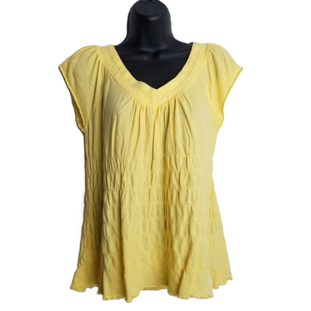 DKNY Jeans Womens Medium Yellow Smocked V Neck Bamboo Cotton Top